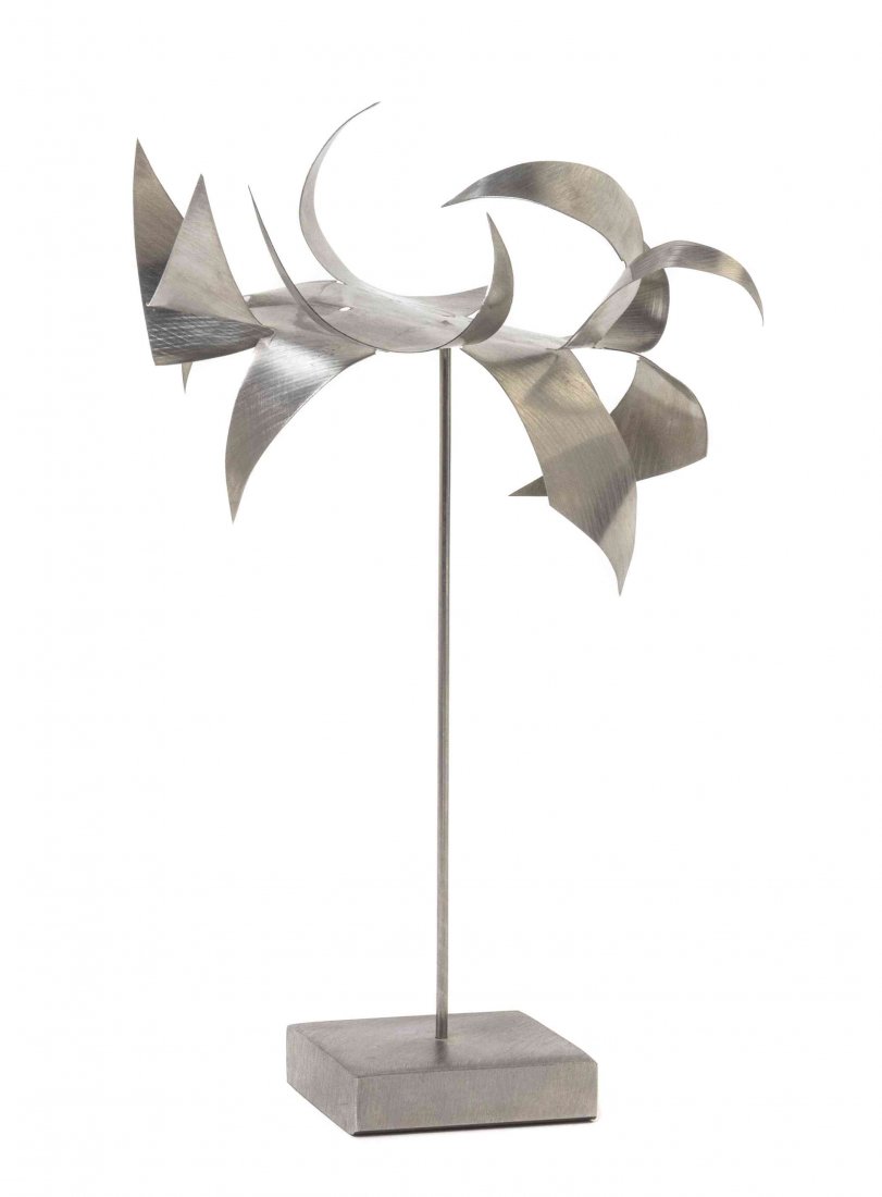 George Rickey, (American, 1907-2002), Untitled, 1994: George Rickey (American, 1907-2002) Untitled, 1994 steel numbered 23, signed Rickey and dated (base and blade) Height: 7 1/2 inches. Condition: There are surface scratches on the steel throughout, ple