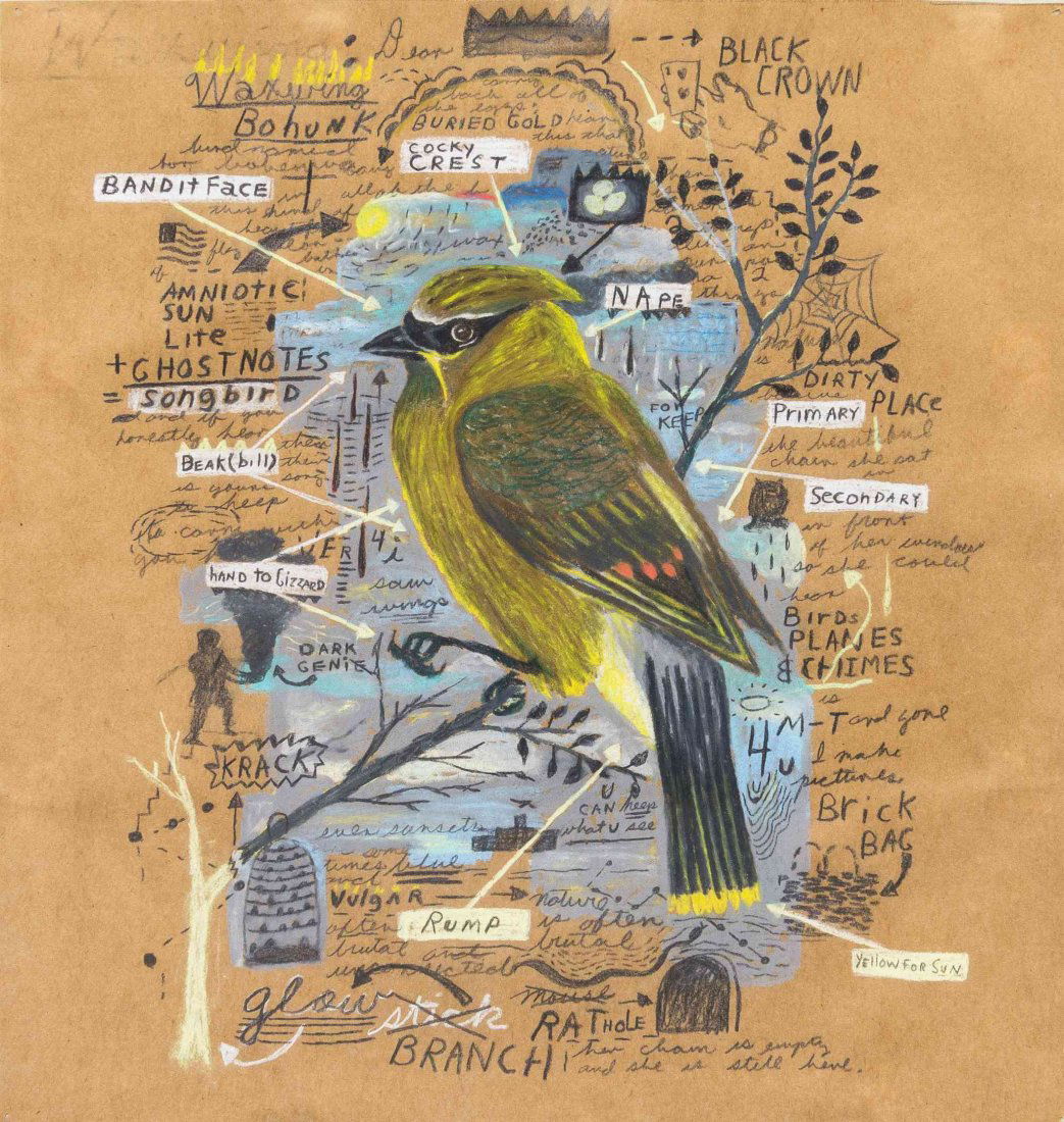 Tony Fitzpatrick, (American, b. 1958), Waxwing Bohunk,: Tony Fitzpatrick (American, b. 1958) Waxwing Bohunk, 1990 colored pencil on paper 13 x 12 inches. Provenance: Janet Fleisher Gallery, Philadelphia Condition: There is a slight rippling and there are m