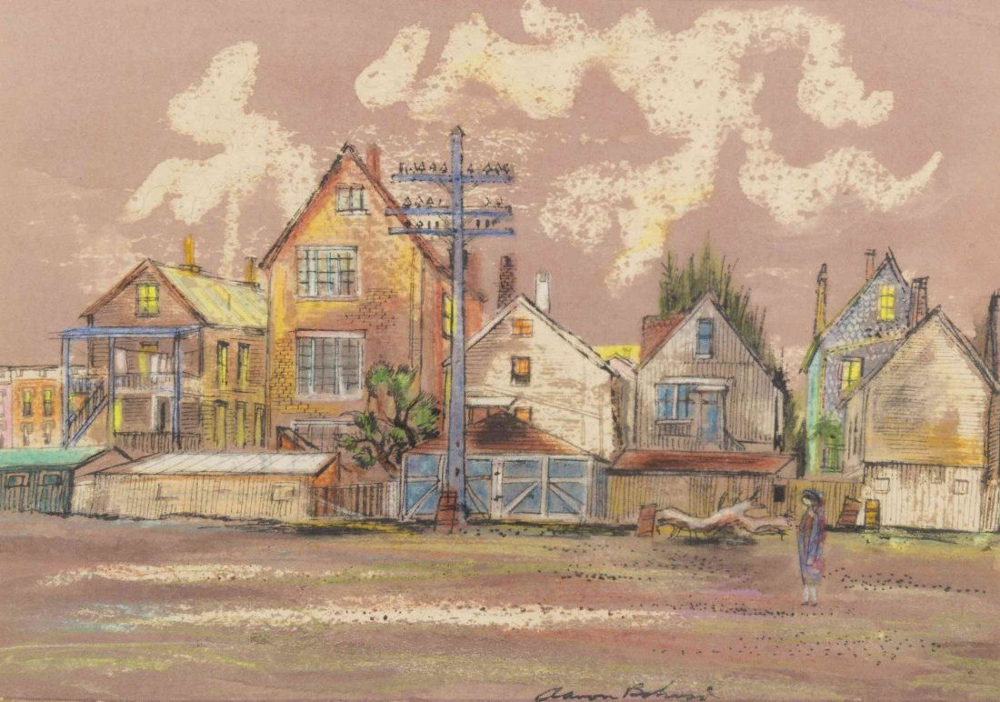 Aaron Bohrod, (American, 1907-1992), Street Scene: Aaron Bohrod (American, 1907-1992) Street Scene pastel and watercolor signed Aaron Bohrod (lower right) 8 1/2 x 12 inches.