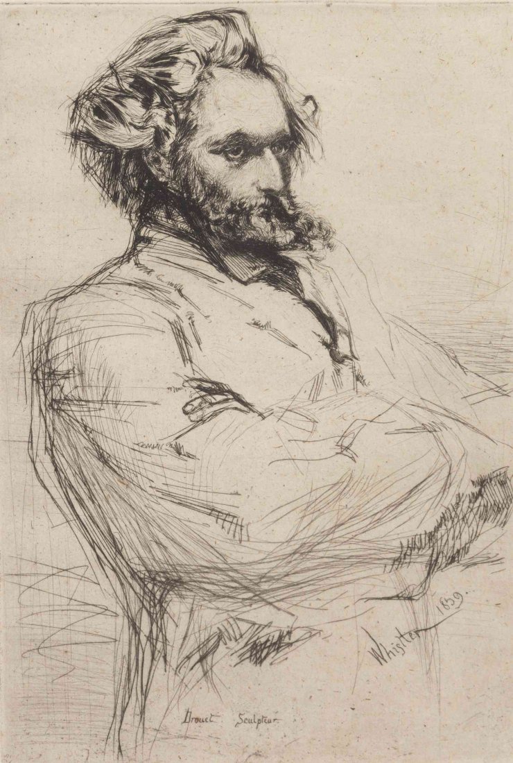 James Abbott McNeill Whistler, (American, 1834-1903),: James Abbott McNeill Whistler (American, 1834-1903) Drouet Sculpteur etching 8 3/4 x 6 inches. Ref: Kennedy, 55 Condition: Slight mat burn; otherwise appears in basic good condition. Framed: 19 1/2 x 