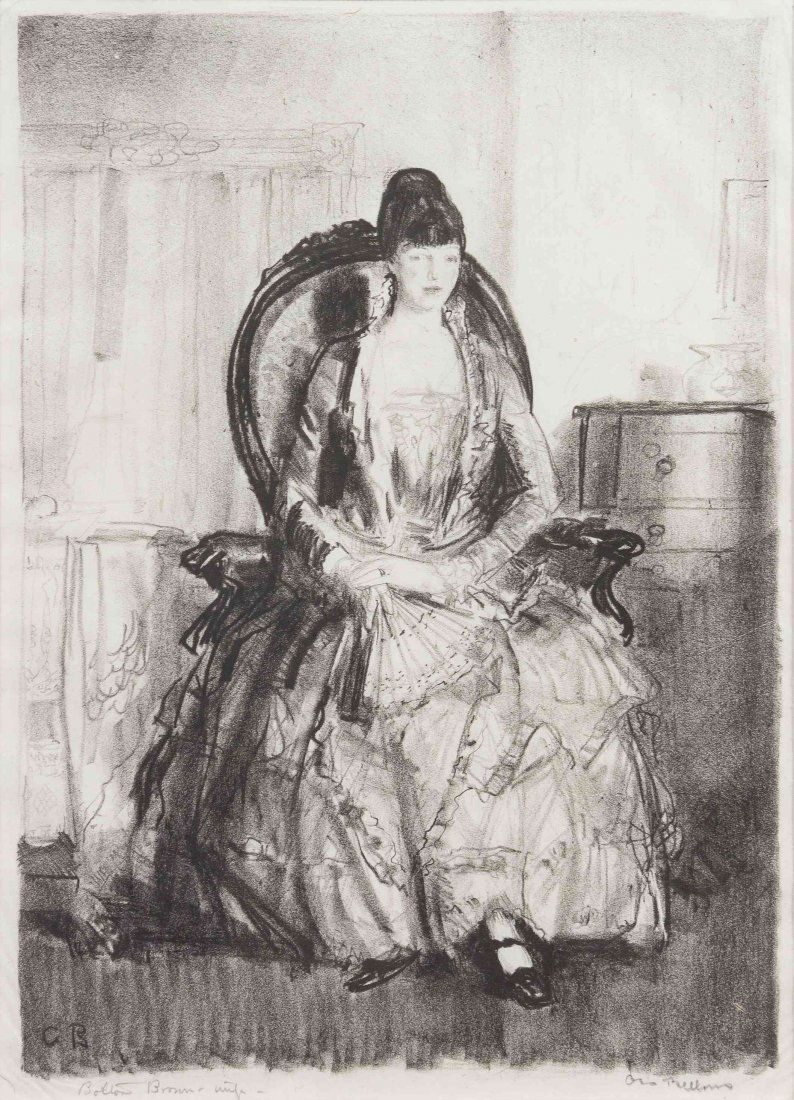 George Bellows, (American, 1882-1925), Lady with a Fan: George Bellows (American, 1882-1925) Lady with a Fan (Emma in a Chair) lithograph edition of 63, signed Geo. Bellows (lower right) 12 3/4 x 8 1/2 inches. Ref: Mason, 111 Property from the Estate of Ma
