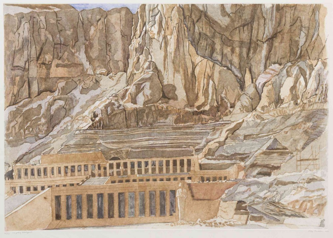 Philip Pearlstein, (American, b. 1924), Temple of: Philip Pearlstein (American, b. 1924) Temple of Hatshepsut, 1979 color aquatint edition 35/55, signed Philip Pearlstein (lower right) 24 x 33 1/2 inches.