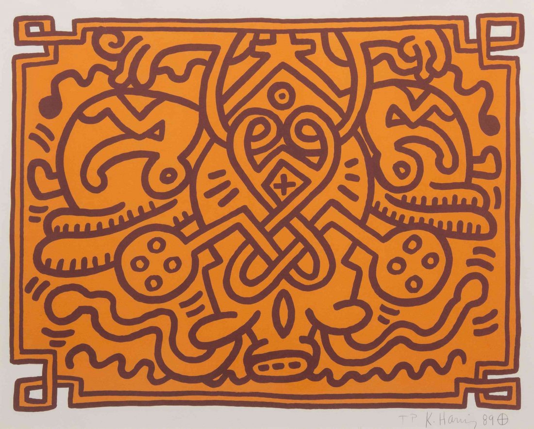 Keith Haring, (American, 1958-1990), Chocolate Buddha V: Keith Haring (American, 1958-1990) Chocolate Buddha V (Orange), 1989 color lithograph edition TP, signed K. Haring and dated (lower right) 19 1/2 x 24 1/2 inches. Condition: Framed: 27 1/2 x 34 inches