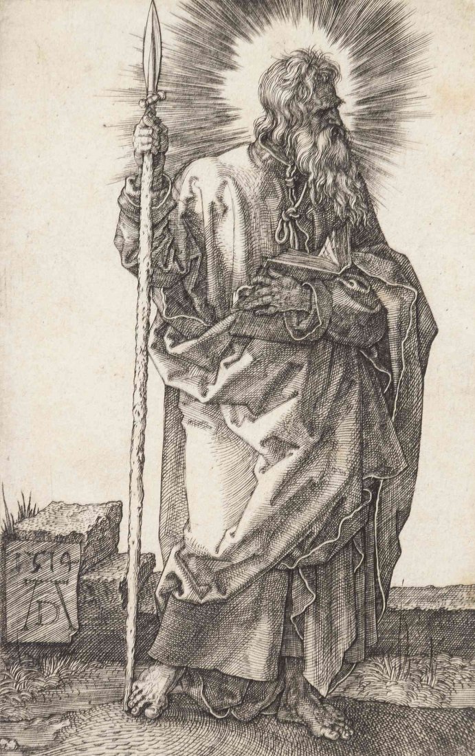 Albrecht Durer, (German, 1471-1528), St. Thomas, 1514: Albrecht Durer (German, 1471-1528) St. Thomas, 1514 engraving 4 1/2 x 3 inches. Ref: Meder, 50b Condition: A fine impression; two slight tears along right edge; slight yellowing to paper; foxing visib