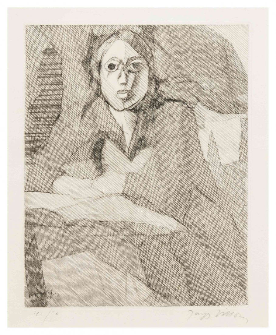Jacques Villon, (French, 1875-1963), Ecoliere lisante,: Jacques Villon (French, 1875-1963) Ecoliere lisante, 1929 etching edition 42/50, signed Jacques Villon (lower right) 10 1/2 x 8 1/2 inches. Ref: Ginestet, 326 Condition: The sheet is hinged to the bac