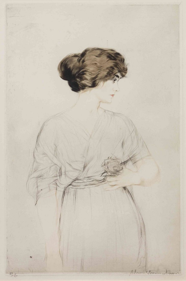 Etienne Drian, (French, 1885-1961), Young Woman Holding: Etienne Drian (French, 1885-1961) Young Woman Holding a Rose color drypoint edition 27/150, signed Adrian Etienne Drian (lower right) 17 x 12 inches.