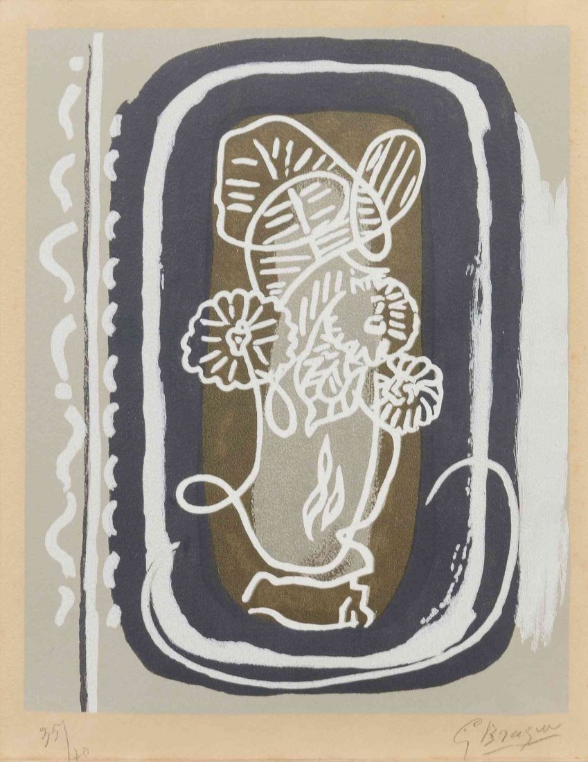 Georges Braque, (French, 1882-1963), Fleurs blanches si: Georges Braque (French, 1882-1963) Fleurs blanches si je mourrais la bas, 1962 color wood engraving edition 35/70, signed G. Braque (lower right) 15 1/2 x 12 inches.