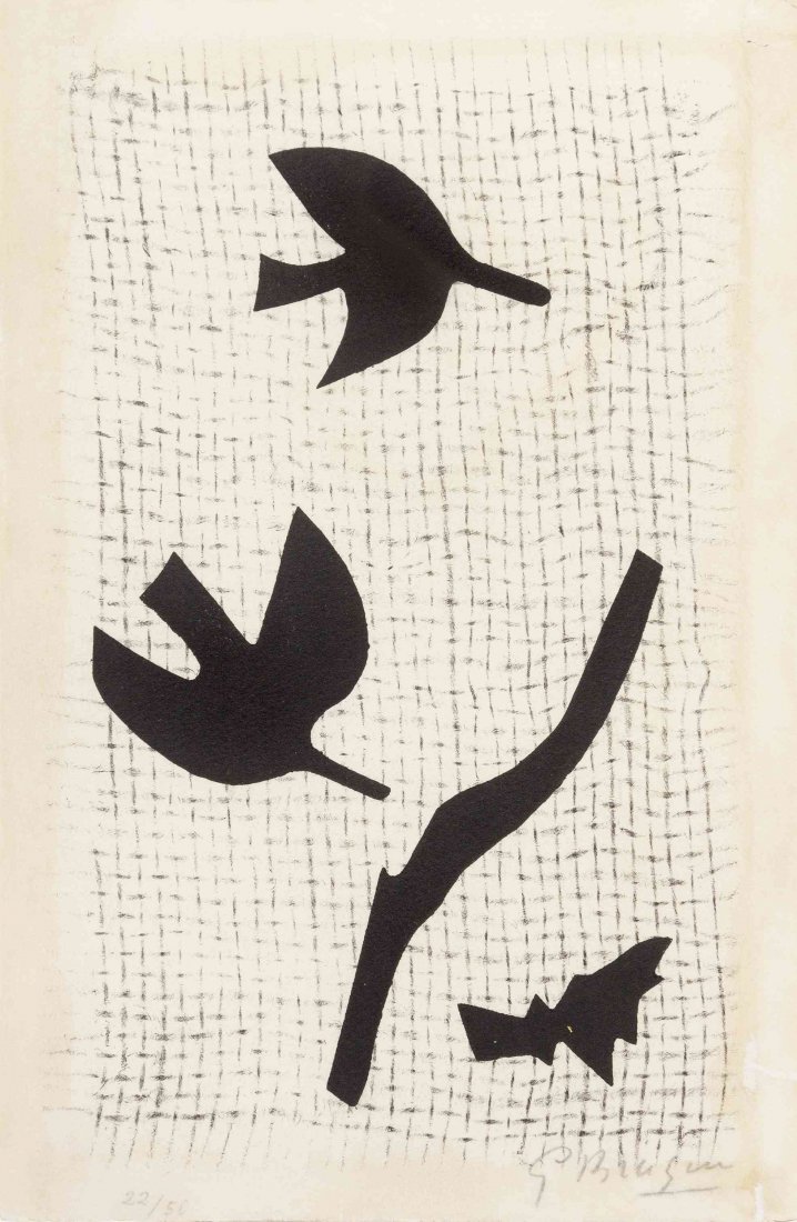 Georges Braque, (French, 1882-1963), Untitled, 1964: Georges Braque (French, 1882-1963) Untitled, 1964 (from Bibliographie des ouevres de Ren? Char) cardboard engraving edition 22/50, signed G. Braque (lower right) 9 x 5 1/2 inches. Ref: Valier, 191 Con
