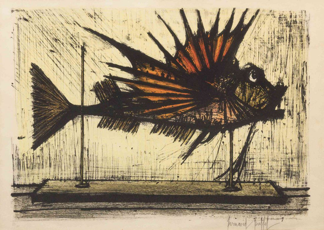 Bernard Buffet, (French, 1928-1999), Mounted Fish: Bernard Buffet (French, 1928-1999) Mounted Fish color lithograph edition 83/150, signed Bernard Buffet (lower right) 20 x 26 inches. Condition: Taped along all egdges into overmat; slight rippling to