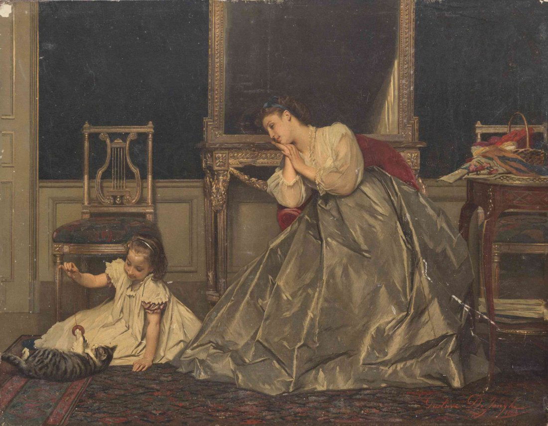 Gustave Leonhard de Jonghe, (Belgian, 1829-1893),: Gustave Leonhard de Jonghe (Belgian, 1829-1893) Mother and Child with Cat, 1866 oil on panel signed Gustave de Jonghe and dated (lower right) 17 1/2 x 22 inches.