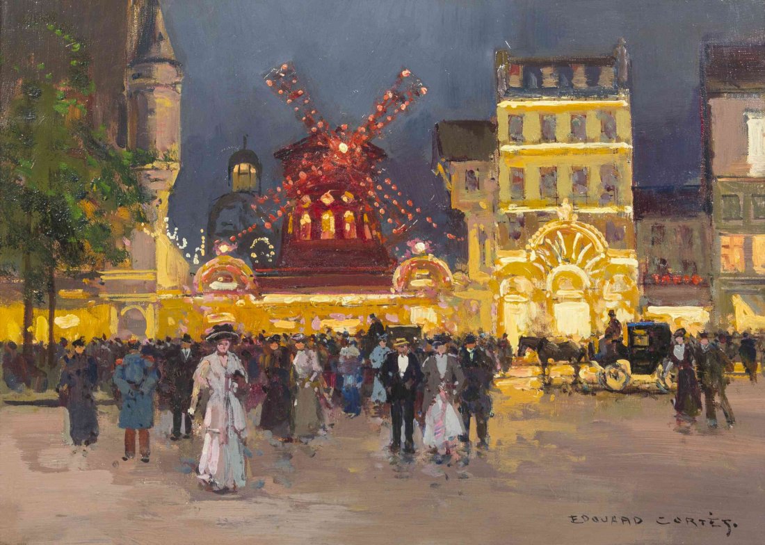 Edouard Leon Cortes, (French, 1882-1969), Le Moulin: Edouard Leon Cortes (French, 1882-1969) Le Moulin Rouge oil on canvas signed Edouard Cortes (lower right) 13 x 18 1/2 inches.
