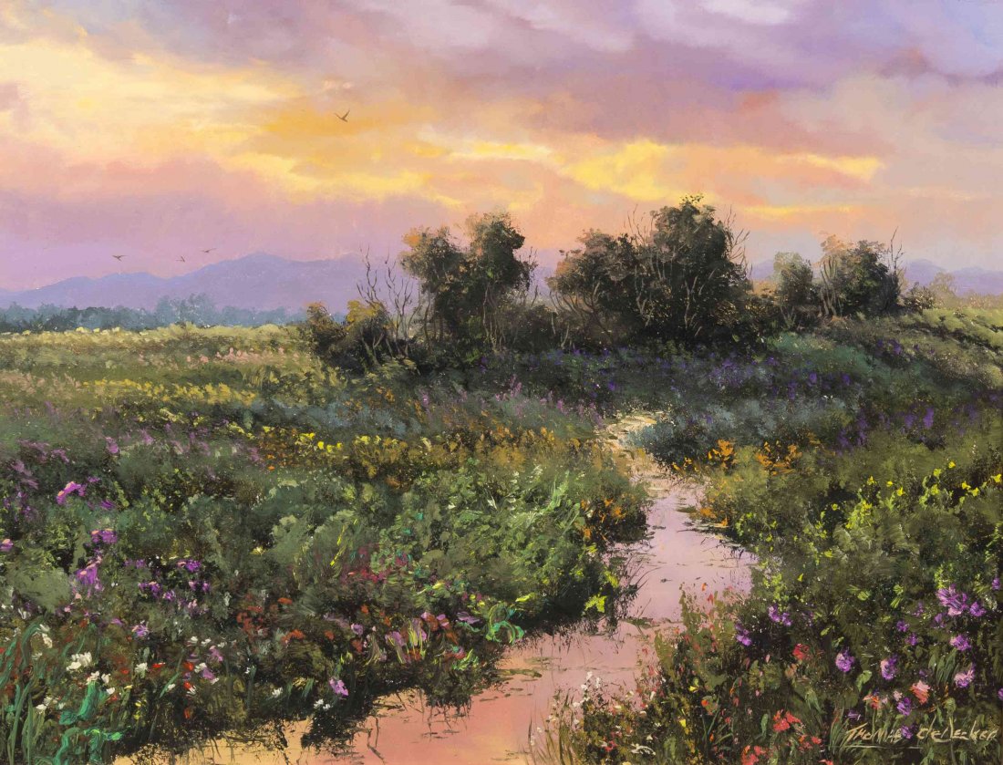 Thomas A. deDecker, (American, b. 1951), Evening: Thomas A. deDecker (American, b. 1951) Evening Sunset, Landscape oil on board signed Thomas deDecker (lower right); signed and titled (stretcher) 16 x 20 inches.