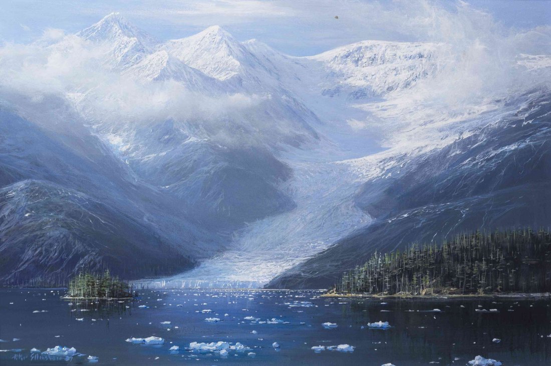 Peter Ellenshaw, (American, 1913-2007), College Bay,: Peter Ellenshaw (American, 1913-2007) College Bay, Alaska, 1987 oil on canvas signed Peter Ellenshaw and dated (lower left) 23 1/2 x 35 1/2 inches. Property from the Estate and Trust of Elise Reeder O