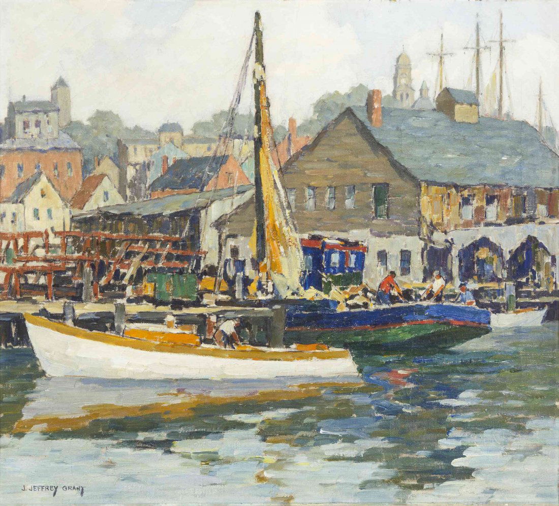 James Jeffrey Grant, (American, 1883-1960), Harbor: James Jeffrey Grant (American, 1883-1960) Harbor Scene oil on canvas signed J. Jeffery Grant (lower left) 19 1/2 x 21 1/2 inches. Property from the Hugh Johnston Hubbard Trust, Lake Forest, Illinois P