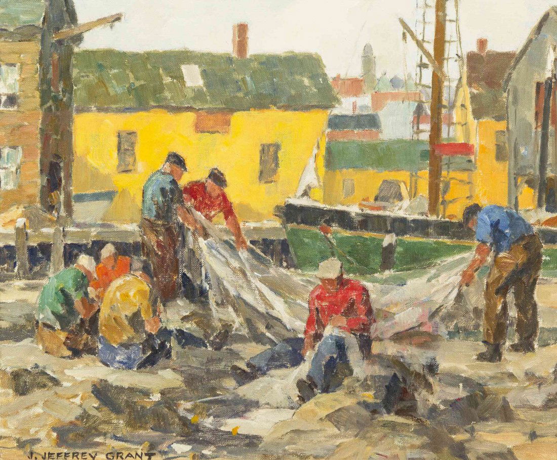 James Jeffrey Grant, (American, 1883-1960), Fishermen: James Jeffrey Grant (American, 1883-1960) Fishermen Mending Their Nets oil on canvas laid to board signed J. Jeffrey Grant (lower left) 12 x 14 1/8 inches. Property from the Hugh Johnston Hubbard Trus