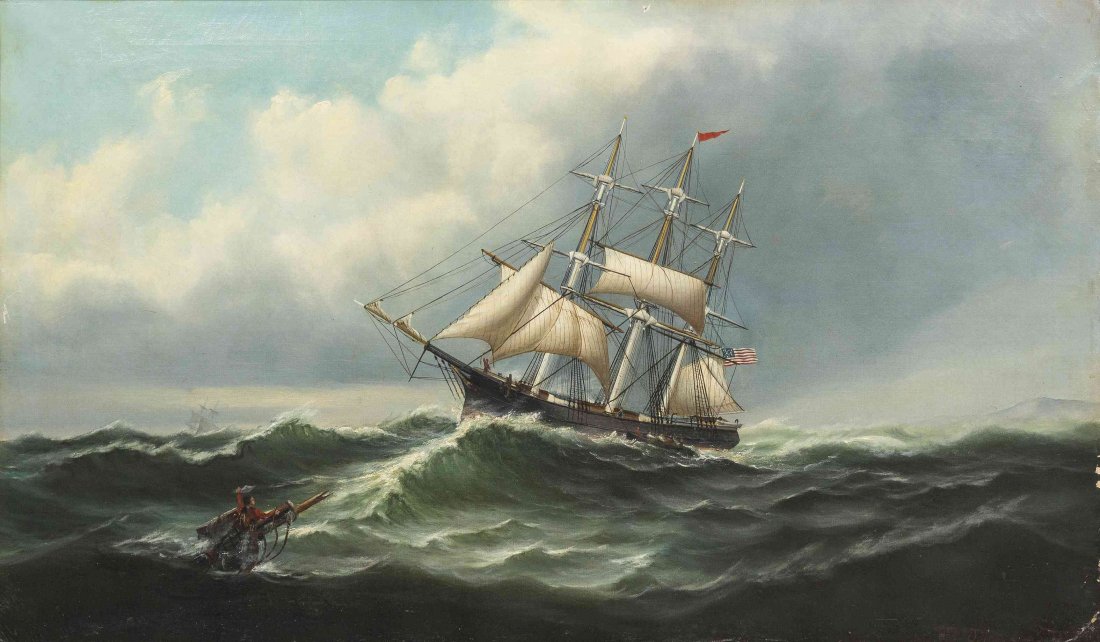 W.M. Jorgensen, (American, 19th century), Three Masted: W.M. Jorgensen (American, 19th century) Three Masted Sailing Ship, 1875 oil on canvas signed W.M. Jorgenson and dated (lower right) 20 x 36 inches