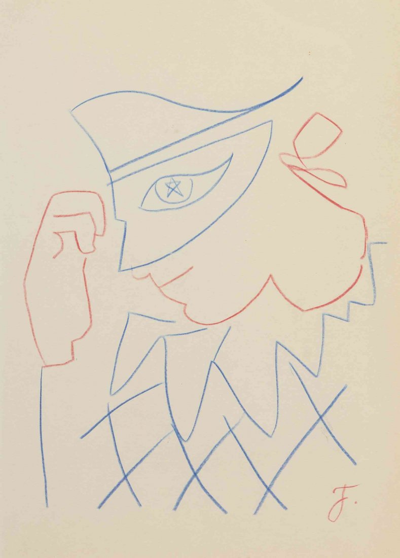 Jean Cocteau, (French, 1889-1963), Harlequin masquee: Jean Cocteau (French, 1889-1963) Harlequin masquee crayon initialed J (lower right) 13 1/2 x 9 1/2 inches. Provenance: Galerie Bussiere, Paris Sold: Leslie Hindman Auctioneers, Chicago, September 17, 