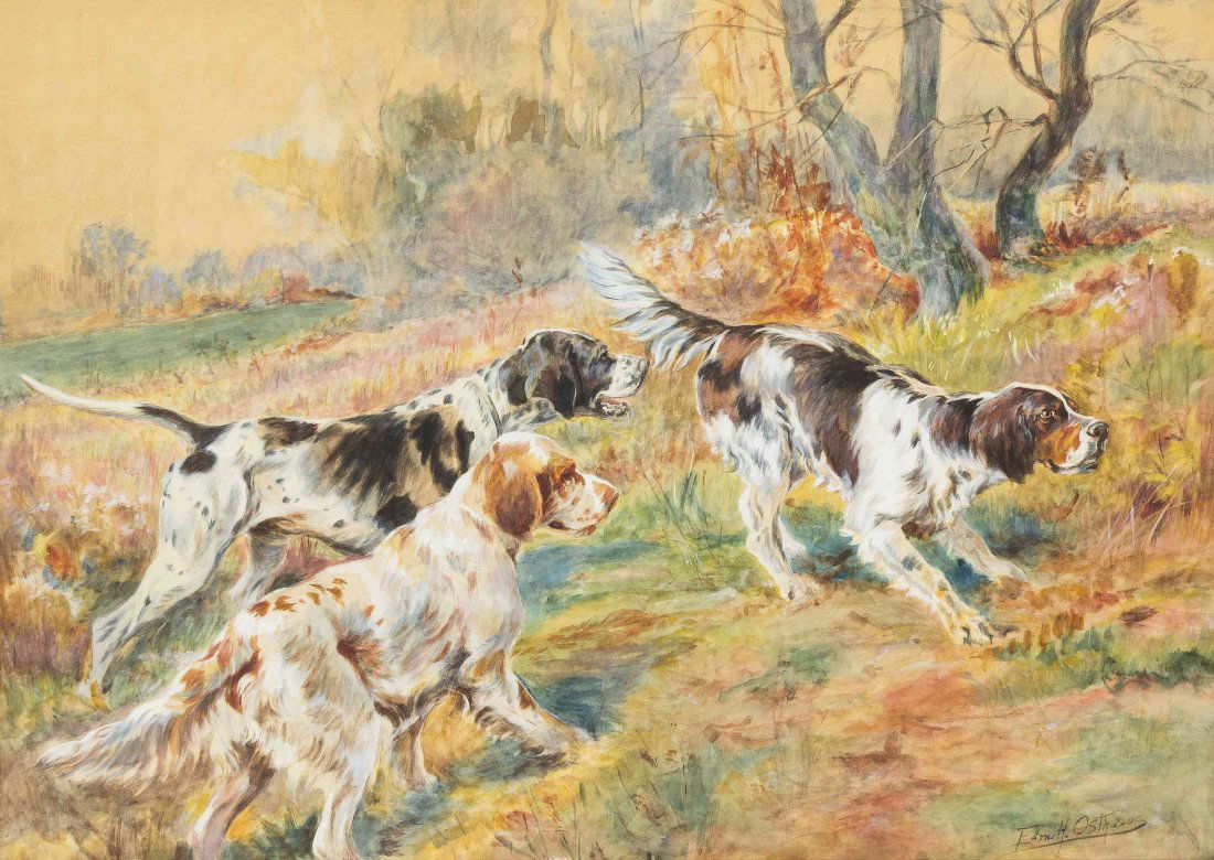 Edmund Henry Osthaus, (American, 1858-1928), Three: Edmund Henry Osthaus (American, 1858-1928) Three Setters watercolor signed Edm. H. Osthaus (lower right) 19 3/4 x 27 3/4 inches.