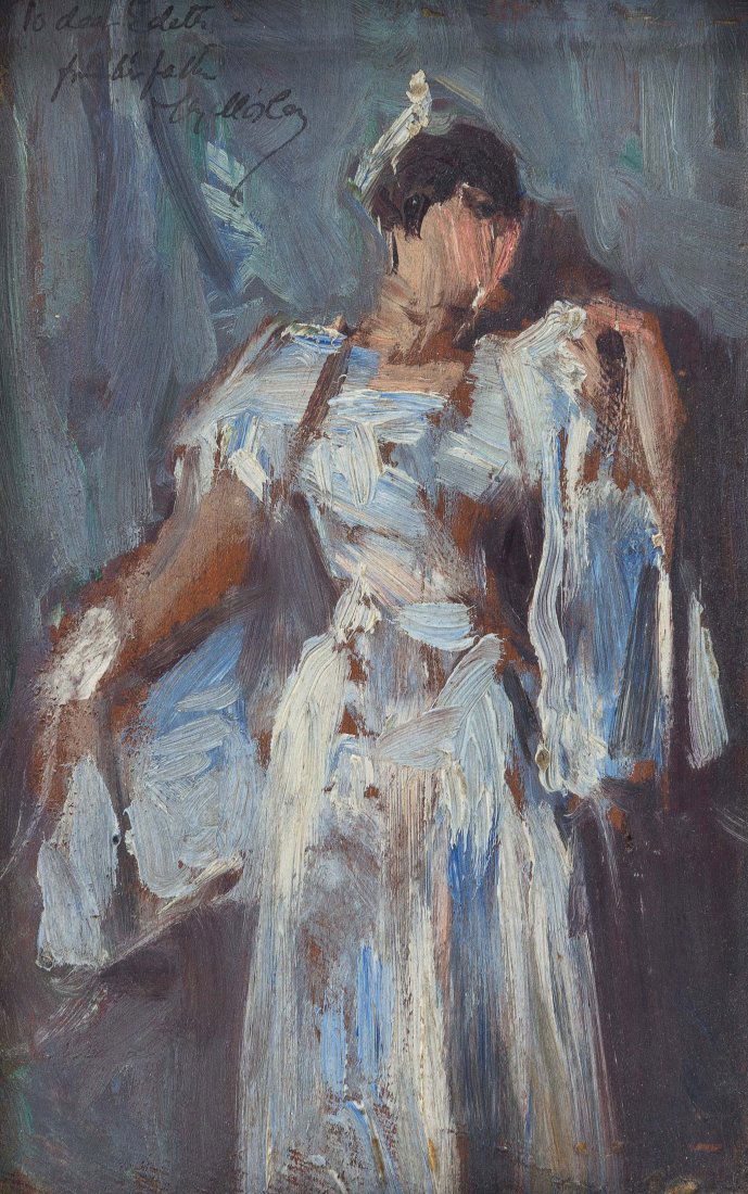 Henry Mosler, (American, 1841-1920), Sketch for Edith: Henry Mosler (American, 1841-1920) Sketch for Edith Mosler (Girl in White Gown and Wrap) oil on board 7 1/4 x 4 3/4 inches. Property of the Columbus Museum of Art, Sold to Benefit Its Acquisition Fund