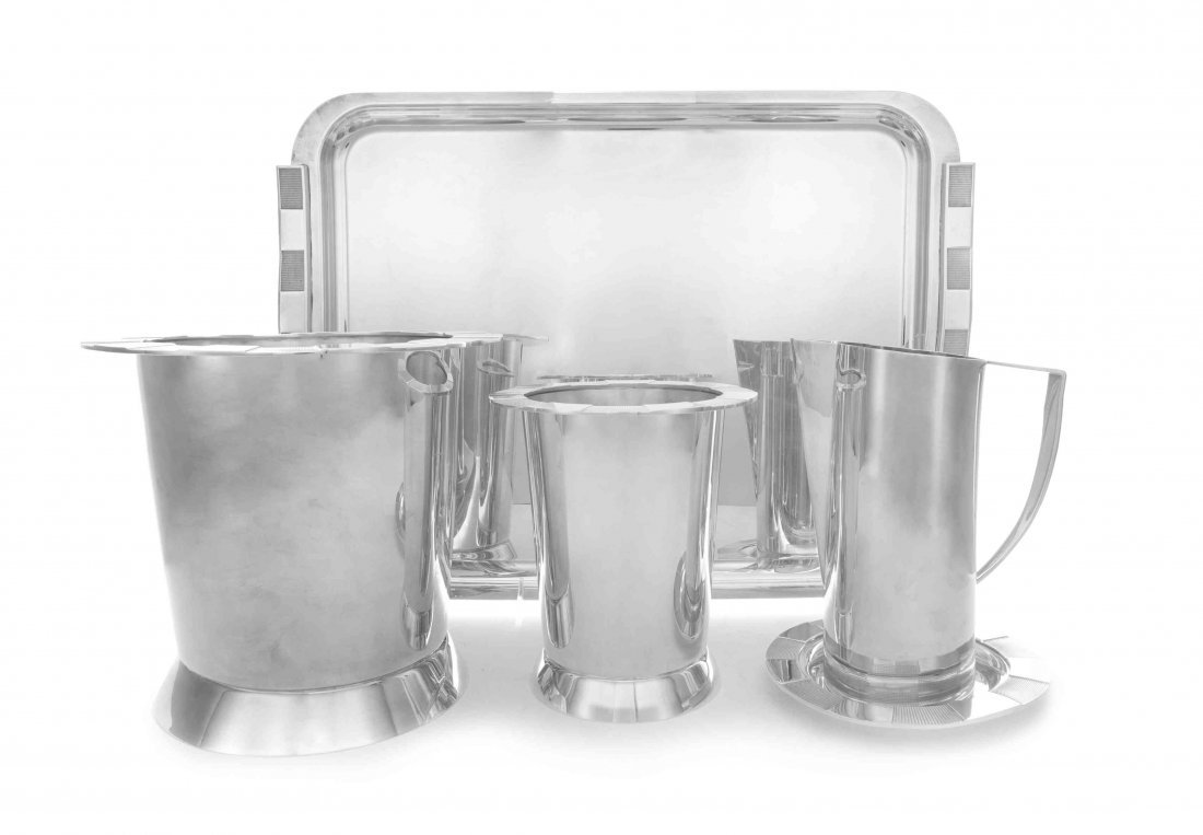 A Set of French Silver-Plate Cocktail Articles, Length: A Set of French Silver-Plate Cocktail Articles, Adam D. Tihany for Christofle, Paris, Early 21st Century, Collection 3000 pattern, comprising a rectangular tray, two wine coolers, in sizes, pitcher an