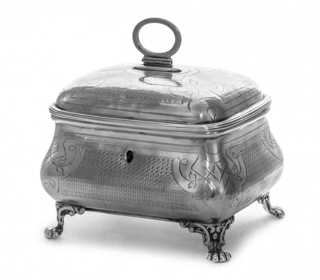 An Austrian Silver Sugar Box, Length 5 inches.: An Austrian Silver Sugar Box, Maker's mark TB probably for Theodor Braun, Vienna, Late 19th Century, of bombe rectangular form, engraved with foliate strapwork enclosing panels of engine-turned lattic