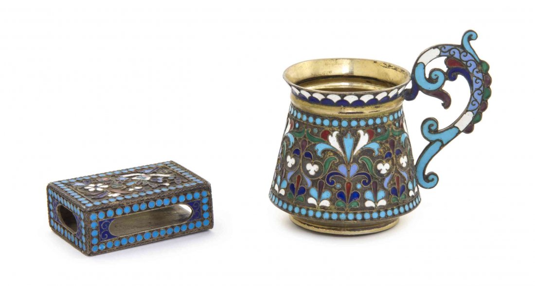 A Russian Silver-Gilt and Enamel Demitasse Cup and: A Russian Silver-Gilt and Enamel Demitasse Cup and Match Box Safe, Circa 1900, both with polychrome flowers and foliage within turquoise beaded borders, both with maker's mark and Kokoshnik marks for