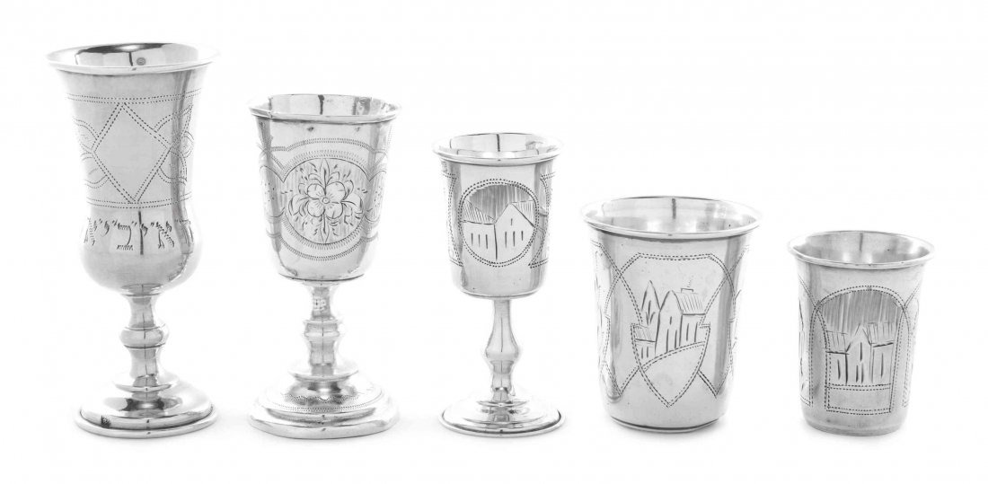 Three Russian Silver Cordials and Two Beakers, Height: Three Russian Silver Cordials and Two Beakers, Late 19th Century, bright-cut and engraved with bands of flowers, foliage and roundels enclosing towns, four marked, tallest cordial apparently unmarked;