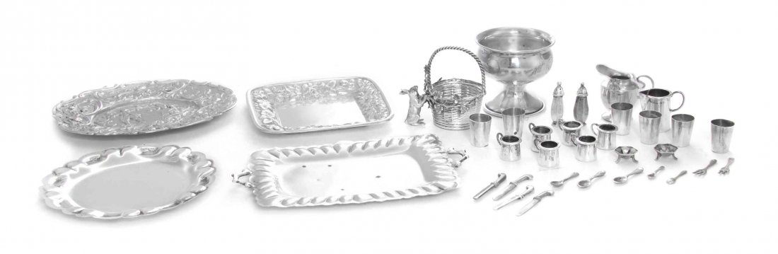 A Group of Silver Miniature Table Articles, Length of: A Group of Silver Miniature Table Articles, Various Makers, 20th Century, comprising a punch bowl, serving tray, 2 trays with lobed borders, basket with applied figure of a rabbit, oval tray embossed 