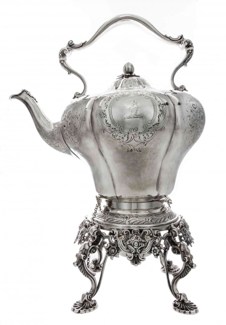 A Victorian Silver Kettle on Lampstand, Height 16 1/2: A Victorian Silver Kettle on Lampstand, John S. Hunt, London, 1853, the pot of lobed inverted pear form, flat-chased with rococo cartouche enclosing floral sprays against a matted ground, engraved wit