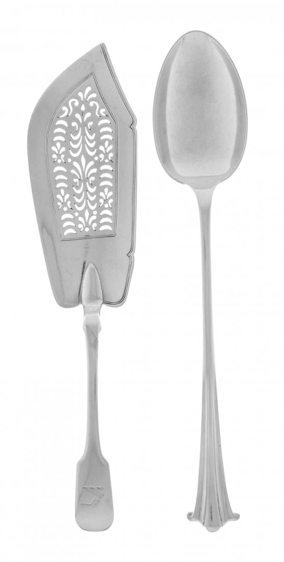 An English Silver Stuffing Spoon and Fish Slice, Length: An English Silver Stuffing Spoon and Fish Slice, the pierced fish slice handle bearing the crest of Burton, Thomas Wallis (II) & Jonathan Hayne, London, 1814, the stuffing spoon with flaring reeded te