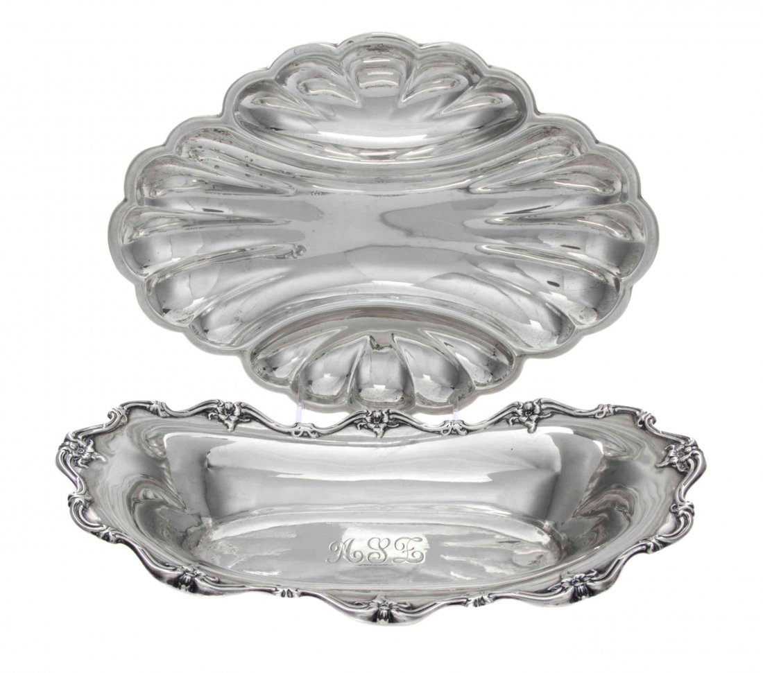 Two American Silver Serving Articles, Length of longer: Two American Silver Serving Articles, Mid 20th Century, comprising a divided lobed tray, Frank Smith, Gardner, MA, and a shaped oval bowl, etched with monogram ASL, Watson, Attleboro, MA; 25 ozt 14 dw