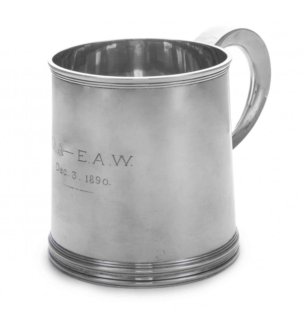 An American Silver Large Cann, Height 4 1/2 inches.: An American Silver Large Cann, Theodore B. Starr, New York, NY, Circa 1890, of tapered cylindrical form with reeded borders and scrolled handle, engraved in front "O.A - E.A.W. Dec. 3. 1890," marked o