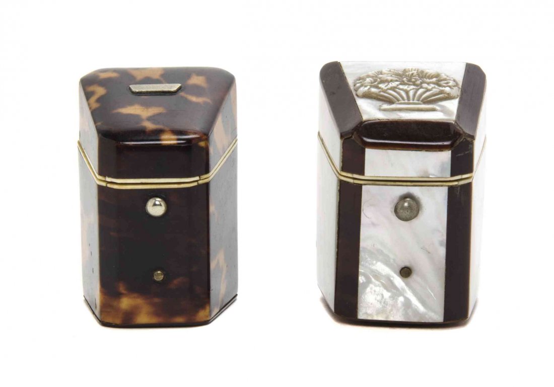 Two Victorian Tortoise Shell and Ivory Needle Cases,: Two Victorian Tortoise Shell and Ivory Needle Cases, in the form of Georgian knife boxes, one having mother-of-pearl panels to the exterior and a carved floral bouquet to the lid, each opening to an i