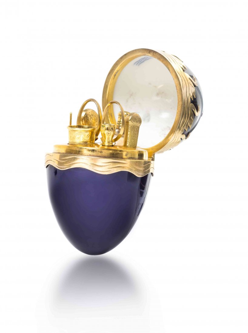 A Danish Silver-Gilt-Mounted Porcelain Necessaire,: A Danish Silver-Gilt-Mounted Porcelain Necessaire, SECOND HALF 19TH CENTURY, the porcelain marked for Royal Copenhagen, of ovoid form with a hinged lid enclosing a fitted interior and a thimble, a bod
