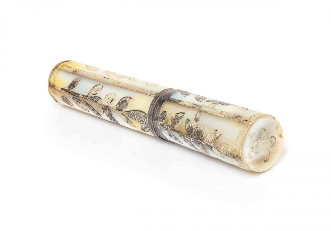 A French Silver Inlaid Mother-of-Pearl Bodkin Case,: A French Silver Inlaid Mother-of-Pearl Bodkin Case, 18TH CENTURY, of tapering form decorated with vines. Length 3 7/8 inches.