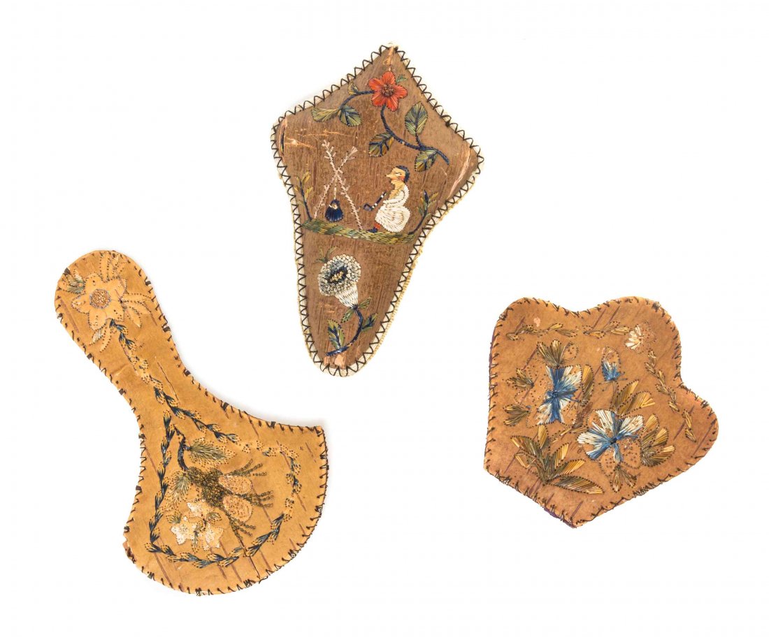 Three Native American Birch Bark Sewing Articles,: Three Native American Birch Bark Sewing Articles, LIKELY LATE 19TH CENTURY, comprising a scissor pouch and two pin cushions, each worked to show floral sprays. Length of first 5 inches.