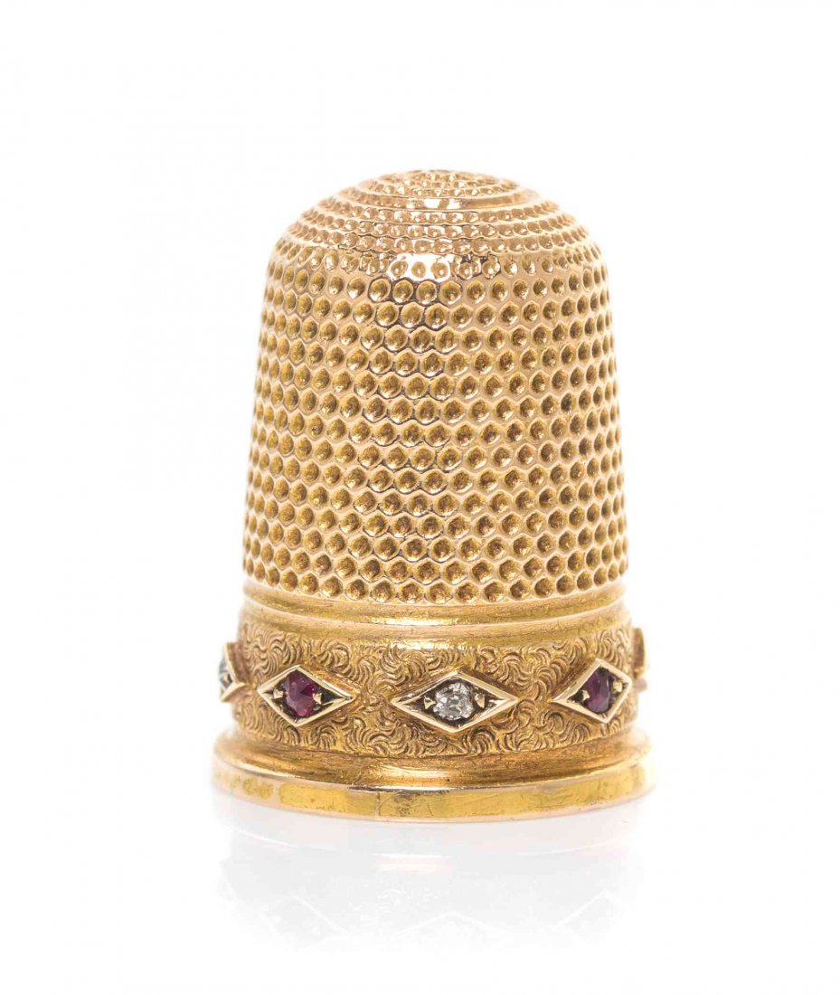 A Victorian 15-Karat Gold, Diamond and Ruby Mounted: A Victorian 15-Karat Gold, Diamond and Ruby Mounted Thimble, HENRY GRIFFITH & SONS LTD., CHESTER, 1891, the lower body with a matted band applied with lozenges mounted with alternating diamonds and ru