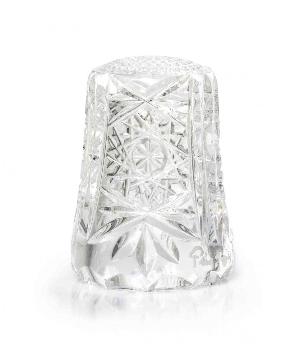 An American Brilliant Cut Glass Thimble, Height 1 3/16: An American Brilliant Cut Glass Thimble, 19TH CENTURY, the lower border etched illegibly and dated '84. Height 1 3/16 inches.