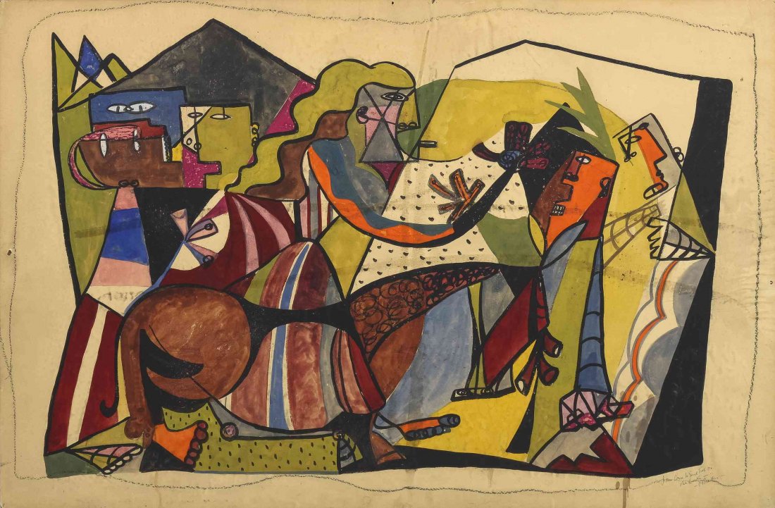 Romare Bearden, (American, 1911-1988), Untitled: Romare Bearden (American, 1911-1988) Untitled mixed media, ink, watercolor, gouache, crayon on paper masonite signed R.Bearden (lower right) and inscribed. 25 5/8 x 39 inches. Lilian