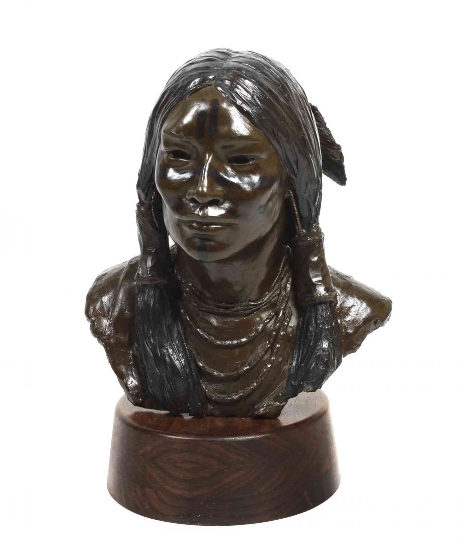 Glenna Goodacre, (American, b. 1939), Shoshone Brave: Glenna Goodacre (American, b. 1939) Shoshone Brave bronze signed G. Goodacre 6/15 (right shoulder) Height 13 x width 11 1/2 inches. Property from the Estate of Barbara J. Eckrich, For