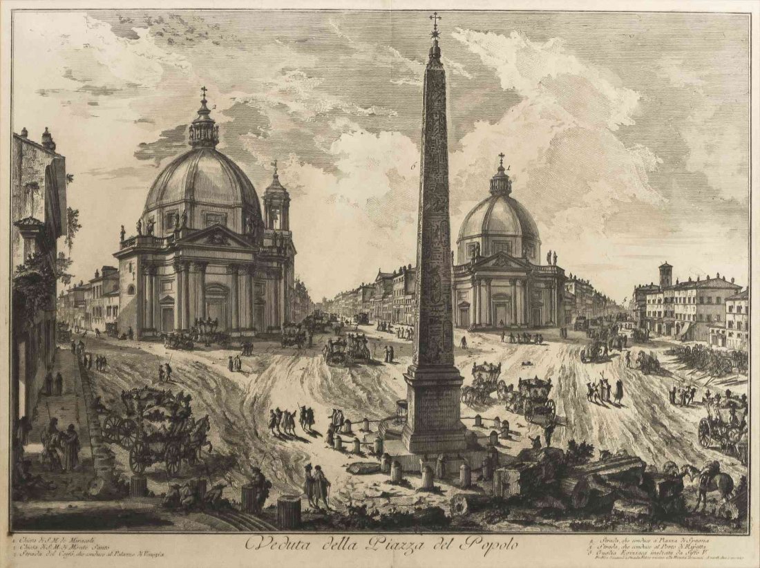After Giovanni Battista Piranesi, (Italian, 1720-1778),: After Giovanni Battista Piranesi (Italian, 1720-1778) Four lithographs comprising Veduta della Piazza del Popolo, Veduta di Piazza Navona sopra le roine del Circo Agonale, Veduta della Basilica e Piaz