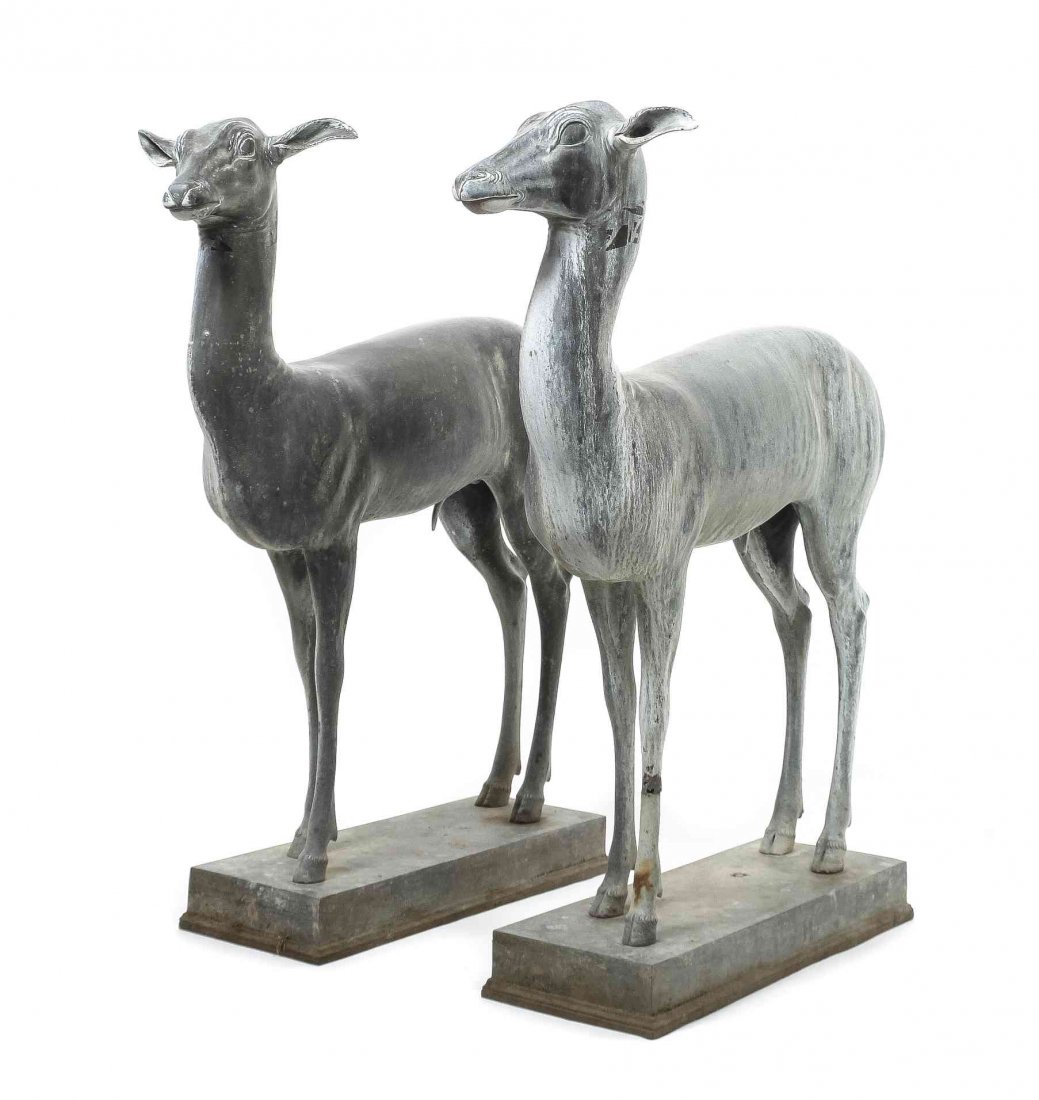 A Pair of Cast Metal Garden Figures, Height 38 inches.: A Pair of Cast Metal Garden Figures, depicting does, mounted on rectangular cast bases, in the manner of Pompeii deer. Height 38 inches. Property from the Estate of Mrs. Callae Buell Gilman, Englewood