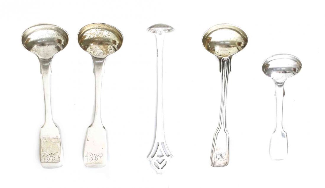 Four English Silver Mustard Ladles,: Four English Silver Mustard Ladles, comprising a pair initialled H, John Henry & Charles Lias, London, 1834, one with thread borders, maker's mark HS, London, 1810, and another small ladle, maker's