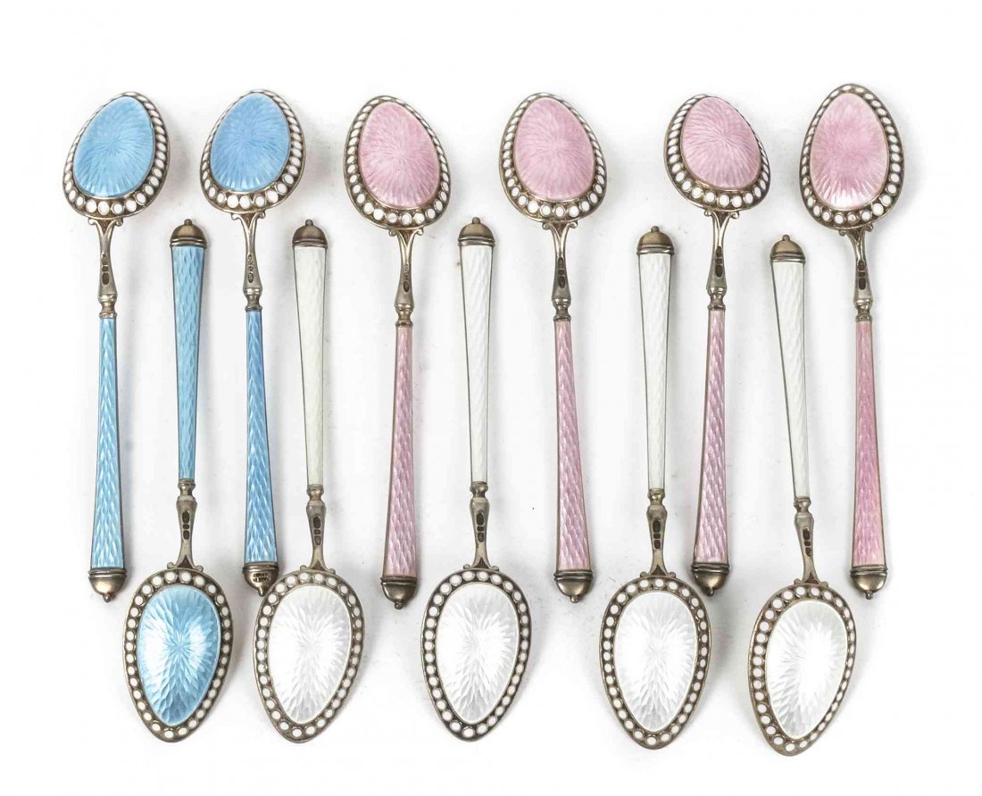 Eleven Silver-Gilt and Enamel Demitasse Spoons,: Eleven Silver-Gilt and Enamel Demitasse Spoons,