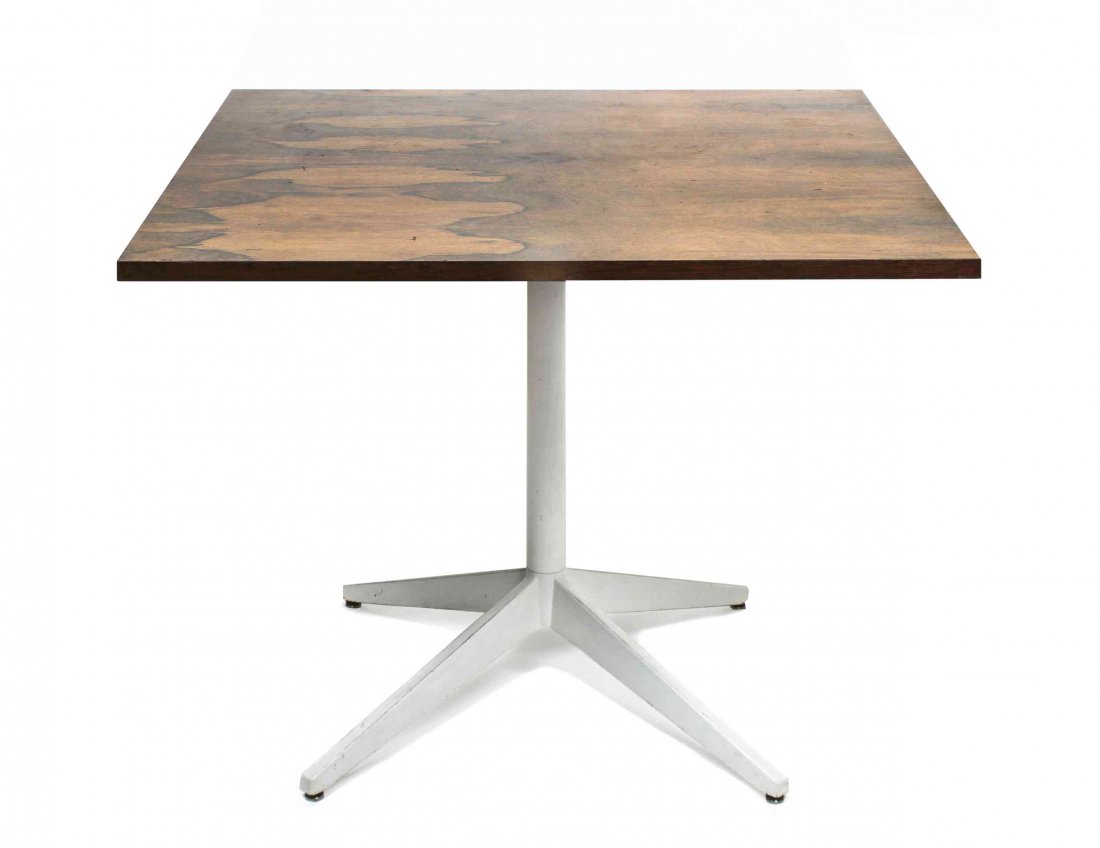 A George Nelson Rosewood Table, for Herman Miller,: A George Nelson Rosewood Table, for Herman Miller, having a square veneer top over a four part base. Height 29 x width 36 x depth 36 inches. Property from the Estate of Mrs. Callae Buell Gilman, Engle