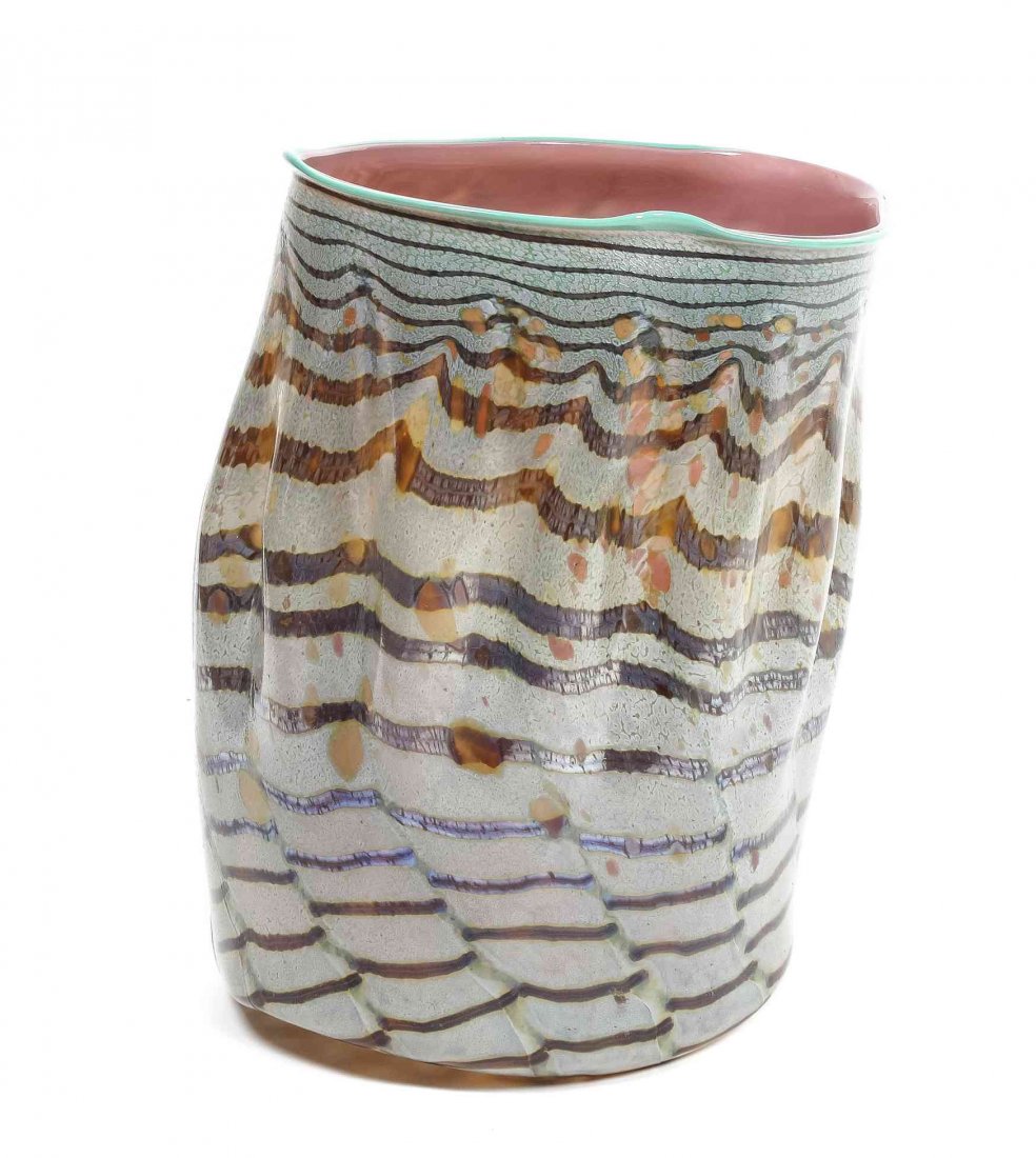 An American Studio Blown Glass Basket, Dale Chihuly (b.: An American Studio Blown Glass Basket, Dale Chihuly (b. 1941), Untitled No.1, 1988, having green lip with mottled polychrome decoration, signed and dated on the base. Height 17 x width 12 1/2 x depth 