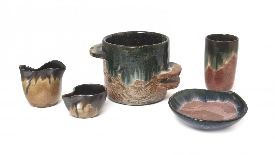 A Eugene Deutch Drink Set, Height of first 5 3/8: A Eugene Deutch Drink Set, comprising a cylindrical vase, 11 tumblers and 3 serving pieces. Height of first 5 3/8 inches. Property from the Collection of Dr. Howard and Gertrude Paule, Highland Park,