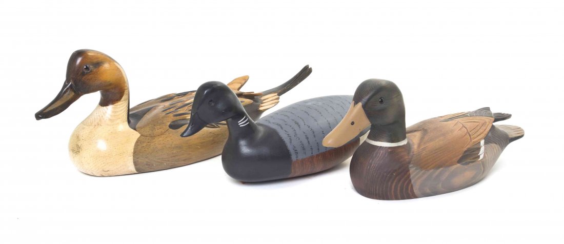 Three American Duck Decoys, Height of first 7 3/4 x: Three American Duck Decoys, LATE 20TH CENTURY, comprising a Tom Taber Hersey Kyle, Jr decoy; an A.P. Sutch hunter's mallard for the Boyd's Collection; and a Sutter, Sr decoy. Height of first 7 3/4 x l