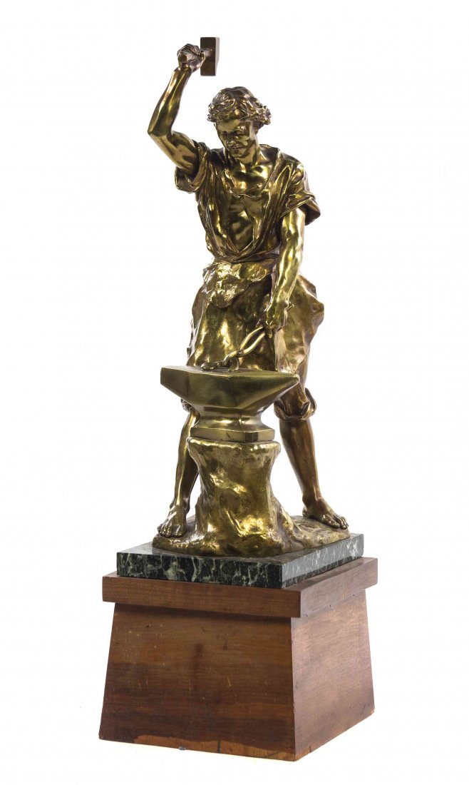 A French Gilt Bronze Figure, Edouard Drouot: A French Gilt Bronze Figure, Edouard Drouot (1859-1945), depicting a hammering blacksmith, signed E. Drouot, raised on a rectangular marble base, further raised on a tapering base. Height of bronze 35