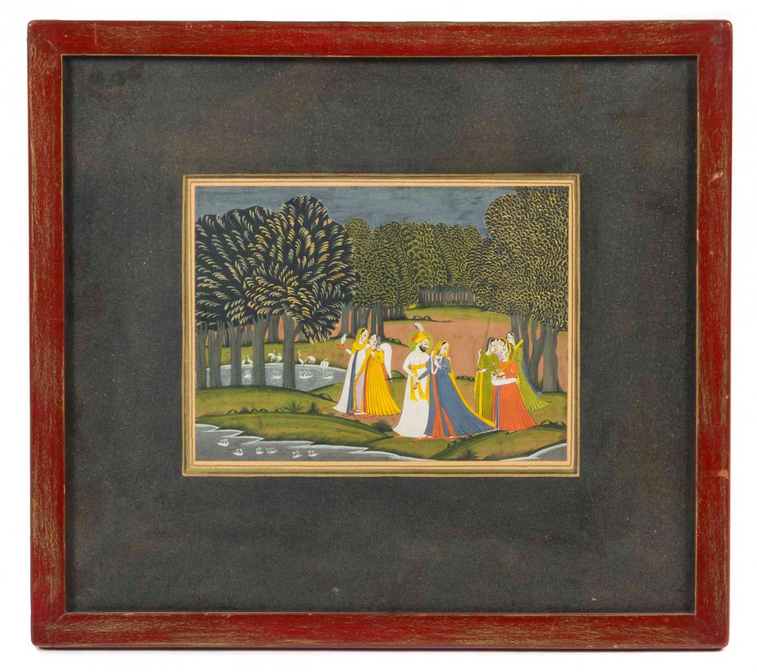 An Indian Miniature Painting, Rajastani, Height 8 x: An Indian Miniature Painting, Rajastani, Late 18th or Early 19th Century depicting an allegorical scene of a couple with female attendants in a grove of trees, framed. Height 8 x width 10 1/4 inches. 